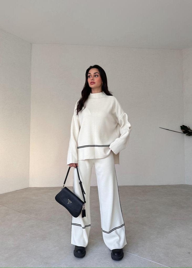 PANELLED SUIT LONG SLEEVE TURTLENECK TOP WIDE LEG PANTS