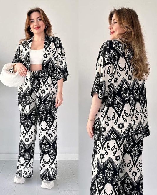 CHIC IKAT PRINT 3-PIECE SET - STYLISH WOMEN'S LOUNGEWEAR